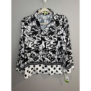 New Trisha Tyler Women‎ Black White Geometric Polka Dot Button Down Shirt PL